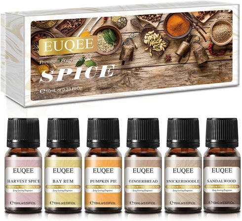 EUQEE - 6pcs Premium Fragrance Oils Spice Gift Set, Sandalwood, Harvest Spice, Gingerbread, Pumpkin Pie, Bay Rum, Snickerdoodle, 10 ML Fragrance O...
