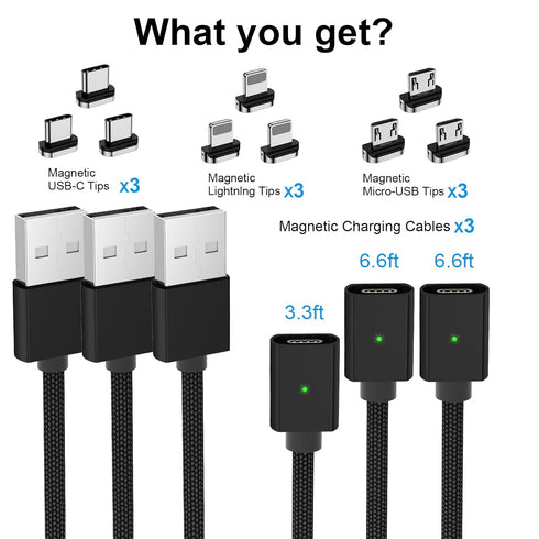 Magnetic Charging Cable 3A Fast Charging(3 Pack,3.3/6.6/6.6ft) 3 in 1 Magnetic Phone Charger with LED Light, Nylon Braided, for Lightning/USB-C/Mi...