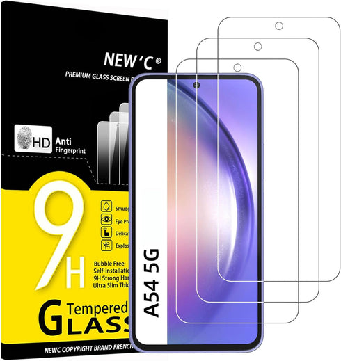 NEW'C Pack of 3 Tempered Protective Glass for Samsung Galaxy A54 5G, Scratch-Free, 9H Hardness, HD Screen Protector, 0.33 mm Ultra Clear, Ultra Re...
