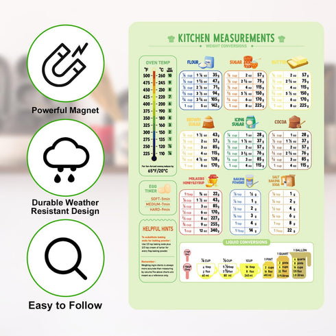 Kitchen Conversion Chart Magnet, Metric Conversion Chart for Cooking Measurement Chart Metric Conversion Guide Measuring Weight Temperature Kitche...