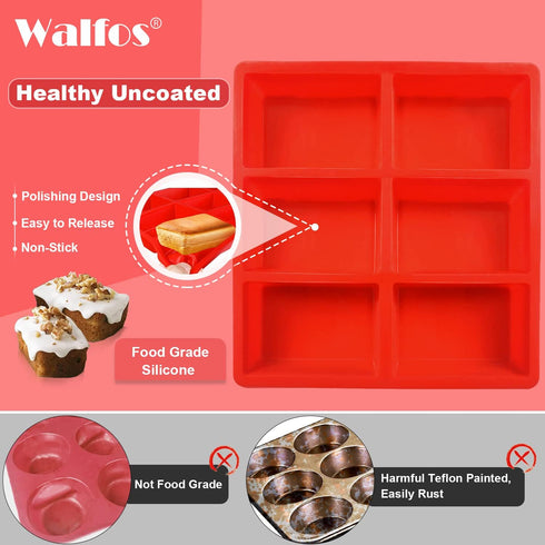 Walfos Silicone Mini Bread Baking Pan 6 Cavities Non-Stick Silicone Mini Loaf Pans 2 Pieces Food Grade Baking Mold For Bread, Cakes, Muffin, Dough...