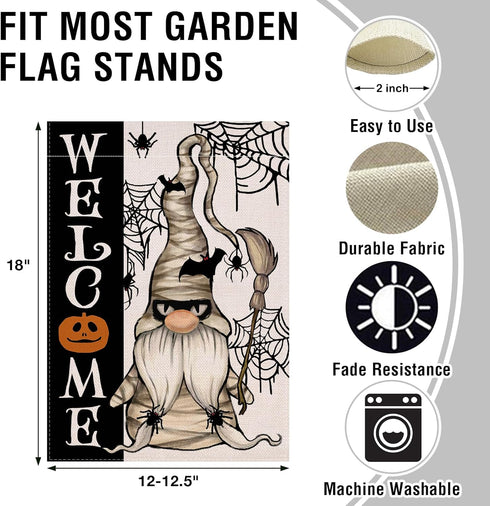 Welcome Halloween Mummy Gnome Small Decorative Garden Flag, Scary Spider Web Bat Yard Lawn Outside Decor, Jack O Lantern Pumpkin Burlap Outdoor Ho...