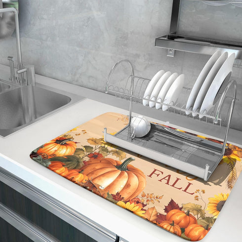 Fall Pumpkin Sunflower Dish Drying Mat 18”x24” Faith Family Fall Drying Mat for Kitchen Counter Absorbent Autumn Orange Pumpkins Thanksgiving Dish...