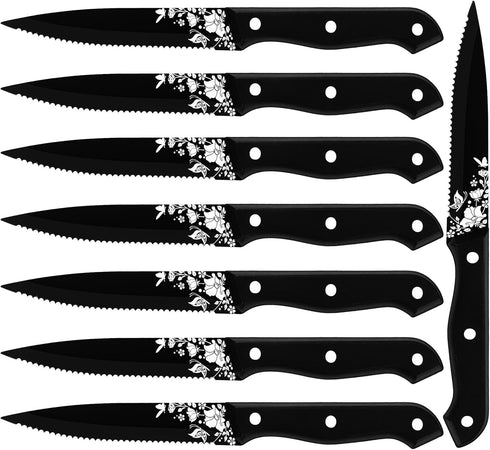 Stapava Steak Knives Set of 8, Stainless Steel Steak Knife Set Black, Sharp Serrated Dinner Knives Matte with Laser Pattern for Kitchen Restaurant...