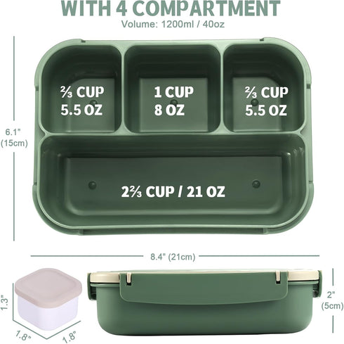 Bento Box Adult Lunch Box, Lunch Containers for Kids Girls Boys with 4 Compartments, Lunchable Food Container with Utensils, Sauce Jar, Muffin Lin...
