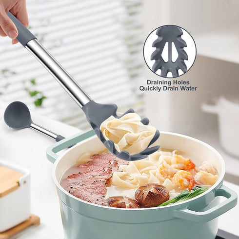 TeamFar Silicone Kitchen Utensils, 2 Pcs Large Nonstick Soup Ladle and Pasta Fork for Cooking Mixing Serving Soup, Sauce, Spaghetti, Eggs, Non-Tox...