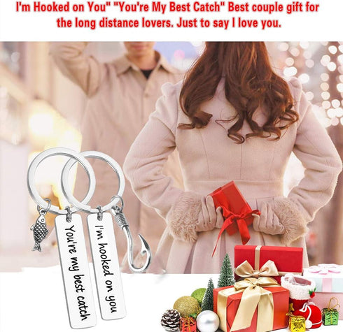 Vadaka Couple Keychain I'm Hooked on You You're My Best Catch Keychain Set Fisherman Gift Fishing Lure Jewelry Couple Gift for Lovers Boyfriend Gi...