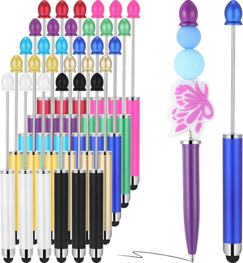 Qilery 30 Pcs Beaded Pens with Stylus Tips Plastic Beaded DIY Stylus 2-in-1, Multifunctional Stylus for Rubber Touch Screen Handwriting Ballpoint ...
