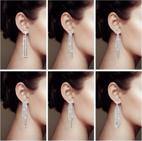Sureio 6 Pairs Long Earrings Silver Chandelier Tassel Dangle Earrings for Women Wedding Prom Party Jewelry Fringe Rhinestone Earrings Boho Tassel ...