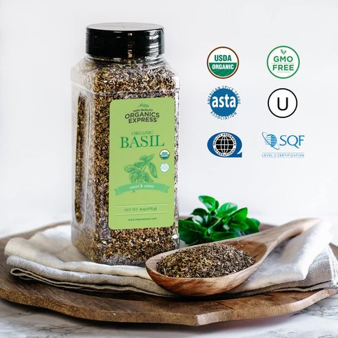 HQOExpress Organic Basil Medium Cut – Non GMO, Kosher, USDA Certified Organic Basil Leaves, Dried and Ground – Peppery and Aromatic Seasoning for ...