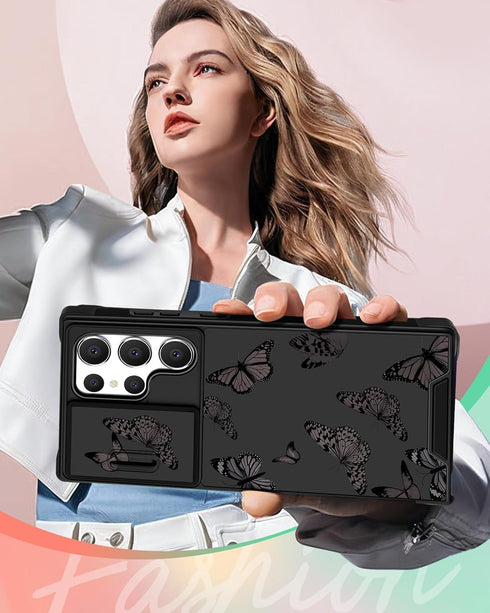 ?2in1 for Samsung Galaxy S24 Ultra Case Women Cute Girls Phone Cover Girly Aesthetic Black Butterfly Unique Design Camera Cover Compatible with Ma...
