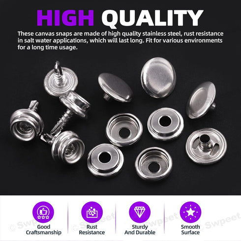 Swpeet 62Pcs Canvas Snap Kit, Stainless Steel Marine Grade Canvas and Upholstery Boat Cover Snap Button Fastener Kit Including 3/8" Sockets 13mm M...