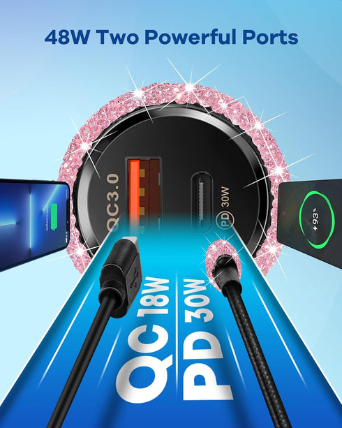 Bling USB C Car Charger, 48W PD + QC Dual Port Fast Charging Adapter with 3.2FT USB Type-C Charging Cable Compatible with iPhone 15 Pro Max iPad S...