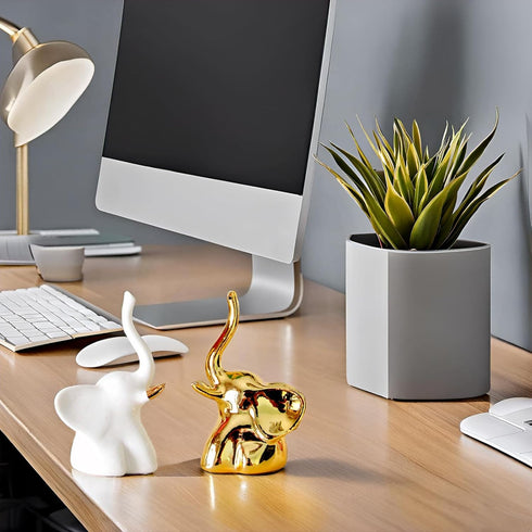 Home Decor Elephant Statues,1 Pair, Small Decorative Accents for Shelves, Livingroom and Bedroom, Gold and White...