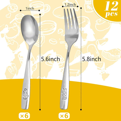 HANSGO 12PCS Children Safe Forks and Spoons, Silverware for Kids Cutlery Set Toddler Utensils Stainless Steel Tableware with Bunny and Puppy Motif...