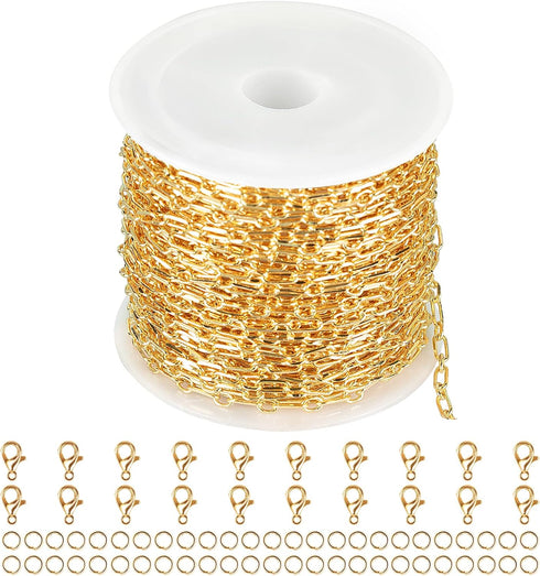 Jabogrii 32.8 Feet 18K Gold Plated Brass Paperclip Jewelry Chains Roll Oval Link Chain for Jewelry Making Gold Necklace Bracelet Chain Bulk for Wo...