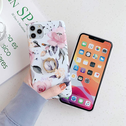 Qokey Compatible with iPhone 11 Case 6.1 inch,Floral Cute Clear for Men Women Girls with 360 Degree Rotating Ring Kickstand Soft TPU Shockproof Co...