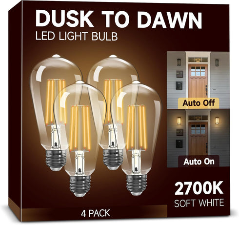 Dusk to Dawn Light Bulbs, Outdoor Light Bulbs, ST64 6W Equivalent 60W, 2700K Soft White, 600LM LED Outdoor Lighting, E26 Base, Photocell Sensor, A...