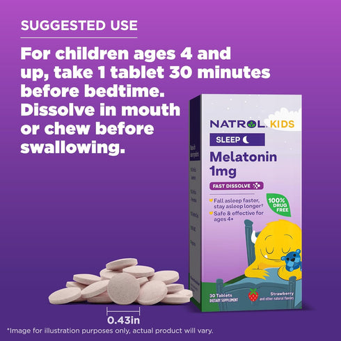Natrol Kids Fast Dissolve Melatonin 1 mg, Dietary Supplement for Restful Sleep, Sleep Tablets for Kids, 30 Strawberry-Flavored Melatonin Tablets, ...