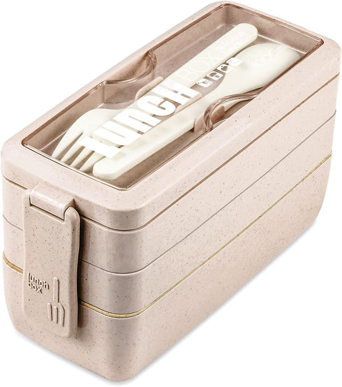 Iteryn Bento Box Lunch Box, 3-In-1 Compartment Lunch Containers - Wheat Straw, Leakproof Stackable Bento Lunch Box Meal Prep...