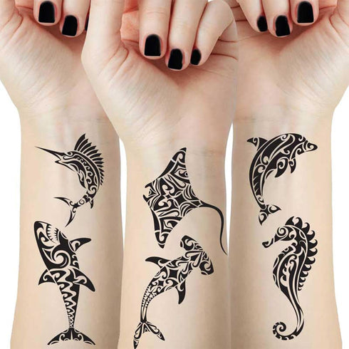 12 Sheets Temporary Tattoos for Men Adults, Maori Stingray Shark Whale Hippocampus Polynesian Tribal Hawaiian Fake Tattoo for Neck Arm Hands Leg...