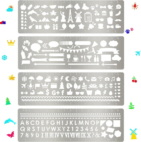 4 Pieces Metal Journal Stencil Metal Planner Stencil Bookmark Ruler Back to School Supplies Stainless Steel Stencils Kit for DIY, Engraving, Paint...