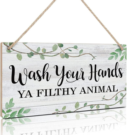LHIUEM Wash Your Hands Ya Filthy Animal Sign,Funny Bathroom Wooden Hanging Wall Art, Green Plant Wood Plaques For Kitchen Toilet Home Decor(6''x 1...