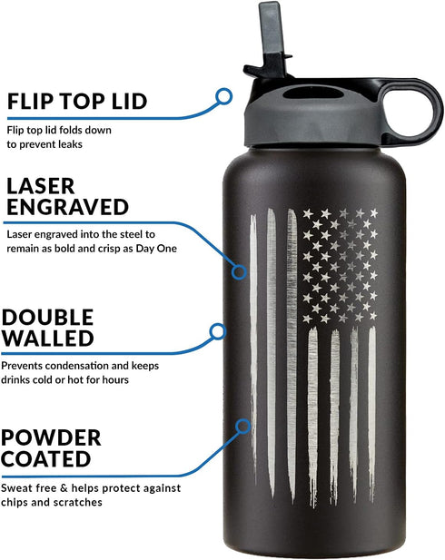 32oz American Flag Stainless Steel Insulated Water Bottle - Engraved USA Flag - American Flag Gift Set | Flag 32 oz Water Bottle...