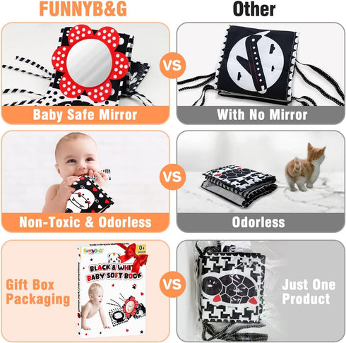 FUNNYB&G Black and White Baby Toys - High Contrast Baby Sensory Book 0-3 Months for Newborns Brain Development Tummy Time Mirror Toys Infant Monte...