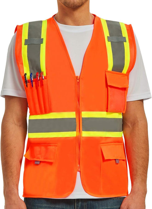 High Visibility Safety Vest with 9 Pockets, Reflective Tape Zipper Front, Work Vest for Men & Women (X-Large, Orange)...