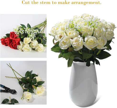 Veryhome Artificial Flowers Silk Roses Fake Bridal Wedding Bouquet for Home Garden Party Floral Decor 10 Pcs (White Straight stem)...