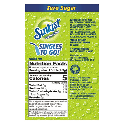 Sunkist Soda Lemon Lime Singles To Go Drink Mix, 0.53 OZ, 6 CT...