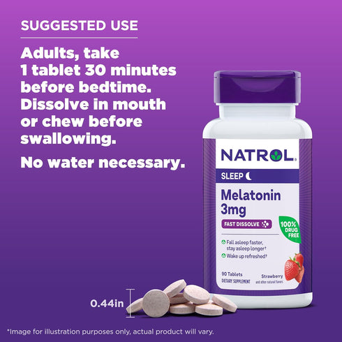 Natrol Melatonin 3mg, Strawberry-Flavored Dietary Supplement for Restful Sleep, 90 Fast-Dissolve Tablets, 90 Day Supply...