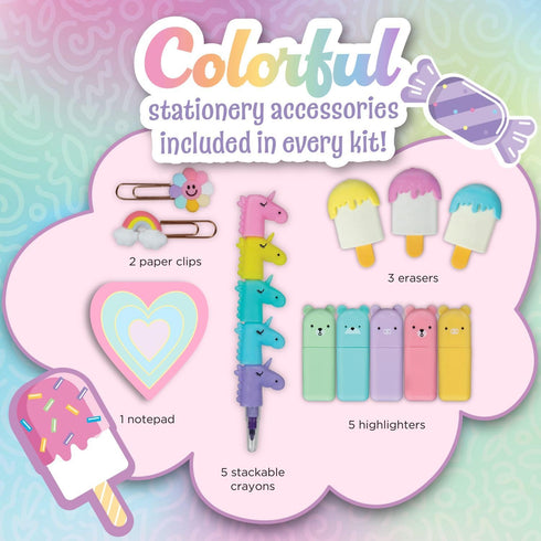 Tulip Sweet Life Stationary Kit, Fun Unicorn Stackable Crayons, Bear highlighters, Ice Cream Erasers, Heart Notepad, Rainbow Paper Clips, School S...