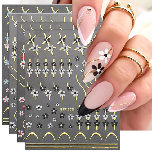 JMEOWIO 9 Sheets Flower Nail Art Stickers Decals Self-Adhesive Pegatinas Uñas Spring Summer Floral Line Nail Supplies Nail Art Design Decoration A...