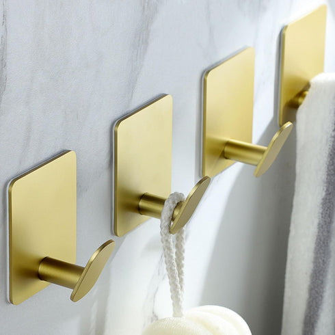 DELITON Adhesive Towel Hooks Gold - 4 Pack Towel Hook for Coat Robe Stick on Bathroom Wall Brushed Gold Finish Stainless Steel...