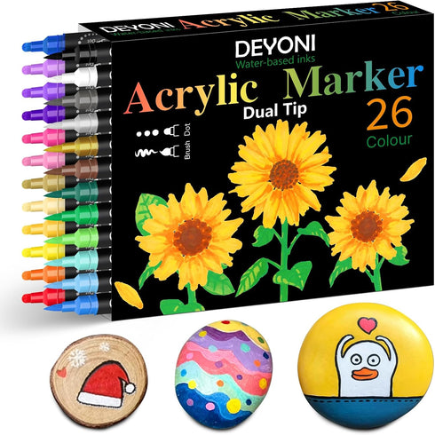 Dual Tip Acrylic Paint Pens, 26 Colors, Medium and Brush Tips, Ideal for Rock Painting, Ceramic, Wood, Plastic, Calligraphy, Scrapbooking, Card Ma...