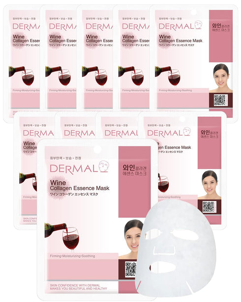 DERMAL Wine Collagen Essence Korean Facial Mask Sheet Pack of 10 - Hydrating & Revitalizing Tired Skin, Elasticity, Radiant Skin - Hypoallergenic ...