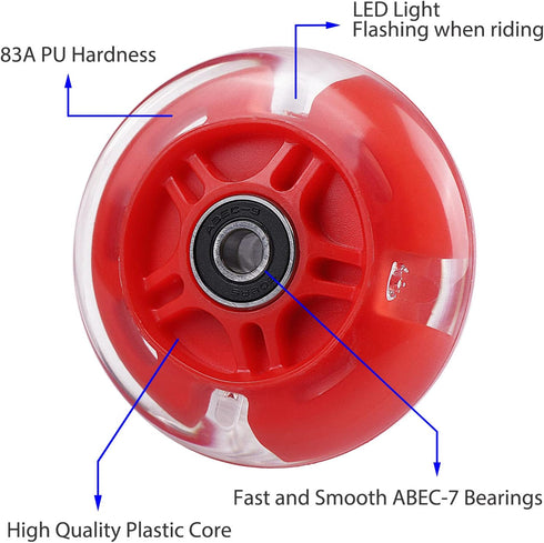 2-Pack 80mm 3-Wheeled Scooter Rear Wheels Light Up Inline Skate Replacement Wheels w/Bearings (Red)...