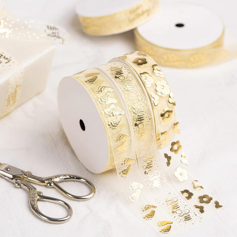 Holijolly Gold Sheer Gift Ribbon - Snow Yarn Ribbon with "Mr & Mrs" Lettering and Ring Print for Wedding Shower - 3/4 inch x 10 Yard...