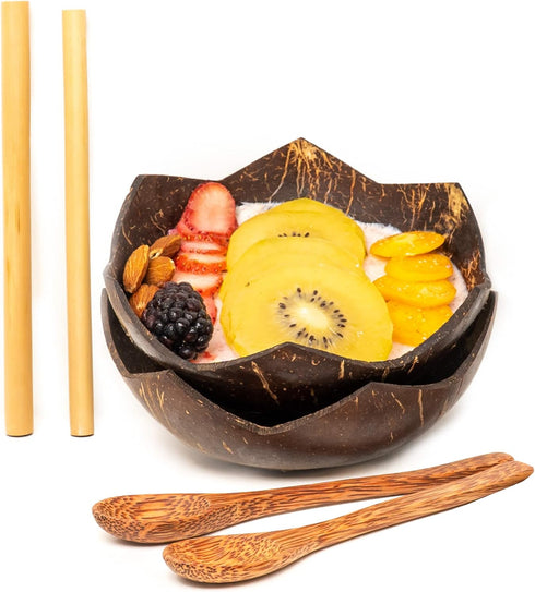 Set of 2 Jumbo Star Coconut Bowls, 2 Wooden Spoons & 2 Reusable Bamboo Straws - 100% Natural, Hand Carved by Artisans, Eco-Friendly & Sustainable ...