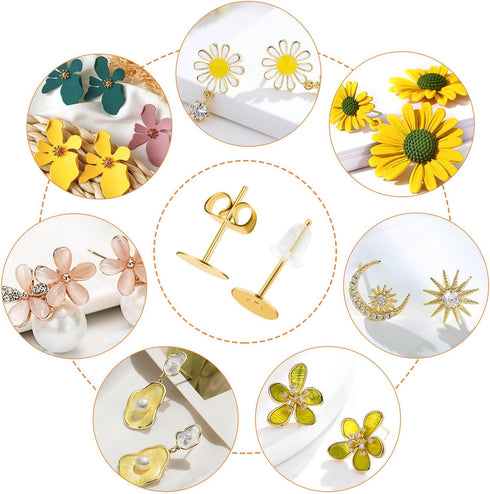 Earring Posts Stainless Steel, Flasoo 1200Pcs Hypoallergenic Earrings Posts and Backs, Gold Flat Pad Ear Ring Studs with Clutch for Earring Making...