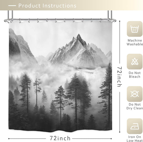 Riyidecor Misty Shower Curtain 72Wx72H Inch Foggy Snow Mountain Scenery National Park Smokey Tree Woodland Landscape Black Gray for Men Bathroom D...