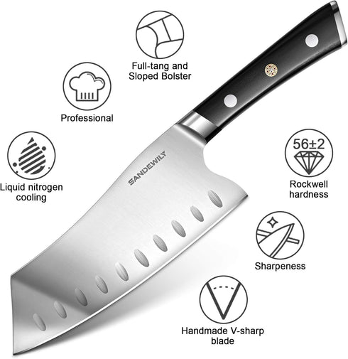Meat Cleaver Chef Knife,7-in Ultra Sharp Kitchen Knife,Slicer Knife Cooking Knife Vegetable Knife,German HC Stainless Steel,Full Tang Wood Handle,...