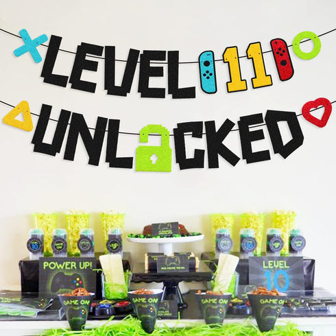 Level 11th Unlocked Sign Banner Happy 11th Birthday Level Up Eleventh Bday Party Decorations for Video Game Controller Themed Kids Boy Girl Birthd...