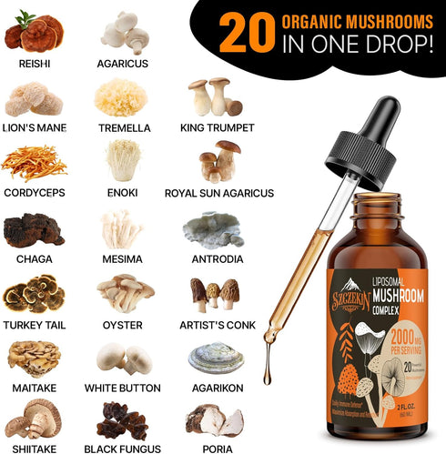 Liposomal Mushroom Complex Drops 2000 MG - 20 Organic Mushroom Extracts - Advanced Liquid Formula for Immunity, Cognitive and Memory - Lions Mane ...