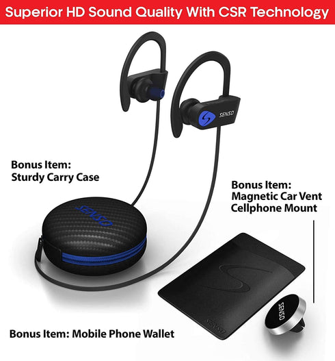 Senso Bluetooth Headphones, Best Wireless Sports Earphones w/Mic IPX7 Waterproof HD Stereo Sweatproof Earbuds for Gym Running Workout 8 Hour Batte...