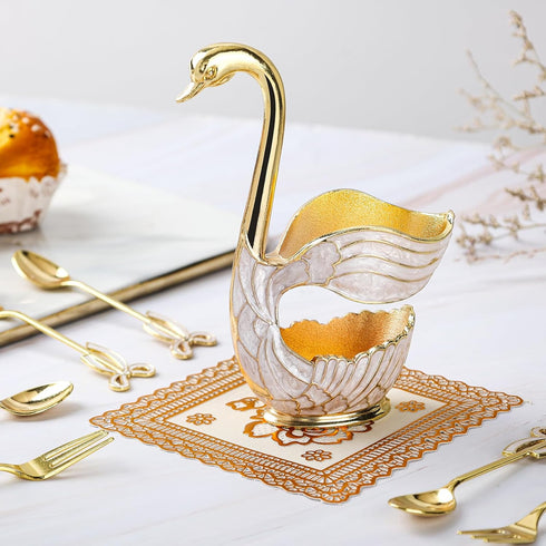 Gold Swan Base Holder,Table Decorative Swan Dessert Spoons Organizer Base Spoons Holder with 6pcs Coffee Spoon set,Elegant Gold Dessert Spoons,Pre...