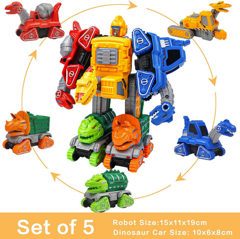 TOYMAKER Dinosaur Transformer Robot Cars Toys for Boys 5 in 1 Transformed Action Figure Construction Excavator Toys Rescue Bots Pull Back Cars Tak...
