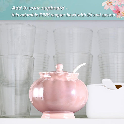 Porcelain Sugar or Salt Bowl with Lid and Spoon, Ceramic Spice Keeper Pearlescent Glazed Design Modern Kitchen Decor, 9 Ounce, Pink...